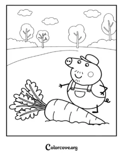 Grandpa Pig from Peppa Pig standing next to a giant carrot in a garden scene for kids to color