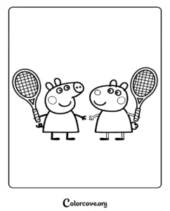 Peppa Pig and a friend holding tennis rackets in a fun, printable Peppa Pig coloring page for kids.