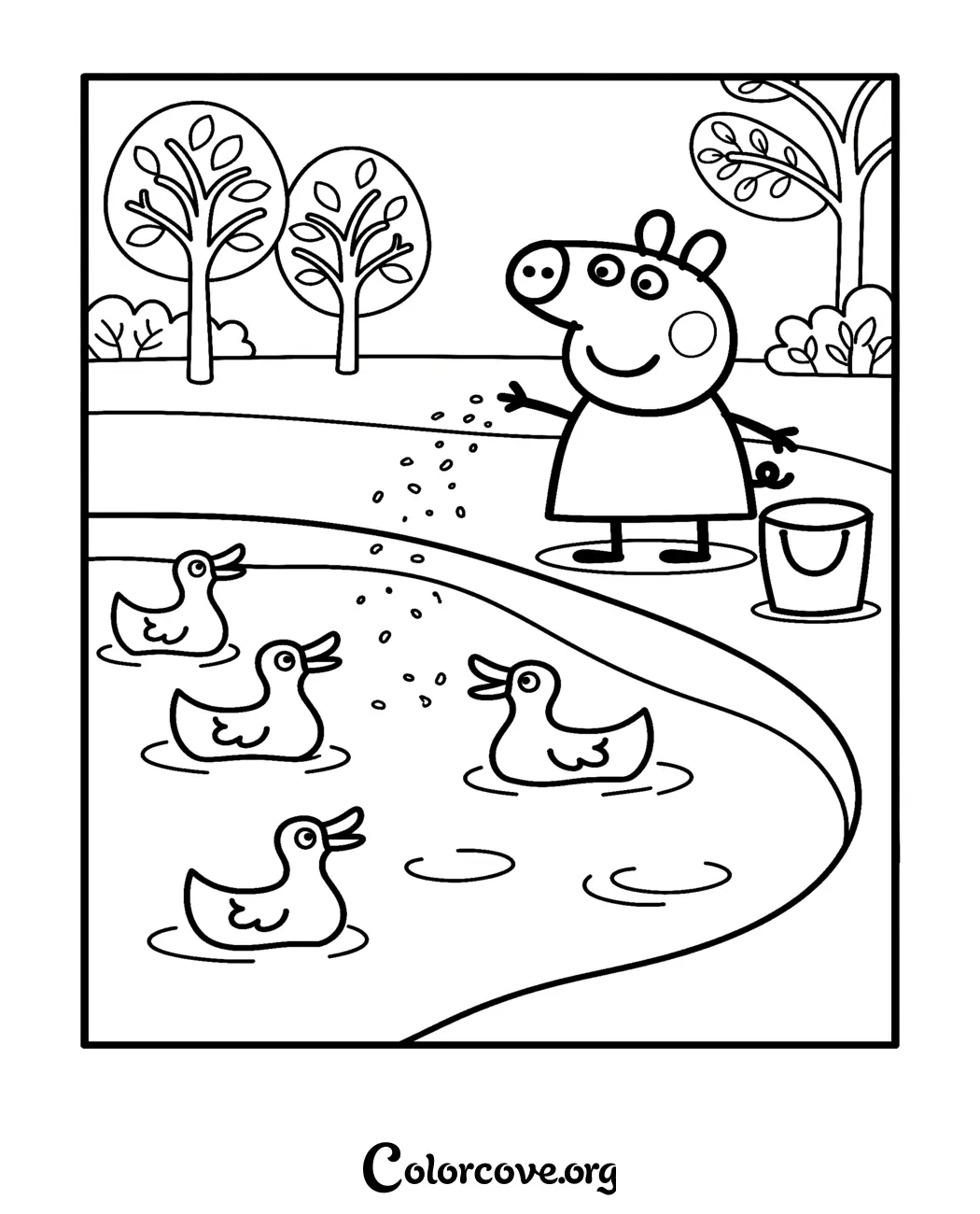 Bring your favorite cartoon to life with this fun Peppa Pig feeding ducks coloring page. Download and print this adorable scene for your little artist in seconds!