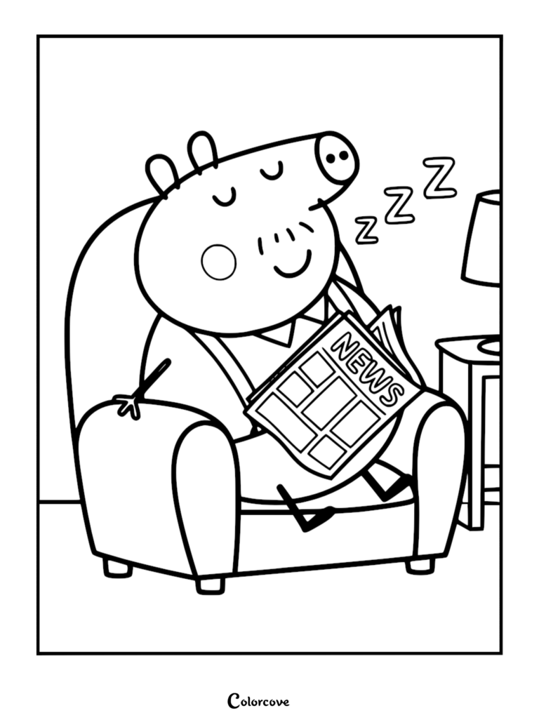 A line art coloring page of Daddy Pig sleeping in a large armchair while holding a newspaper with NEWS written on it, featuring Z symbols and a lamp.