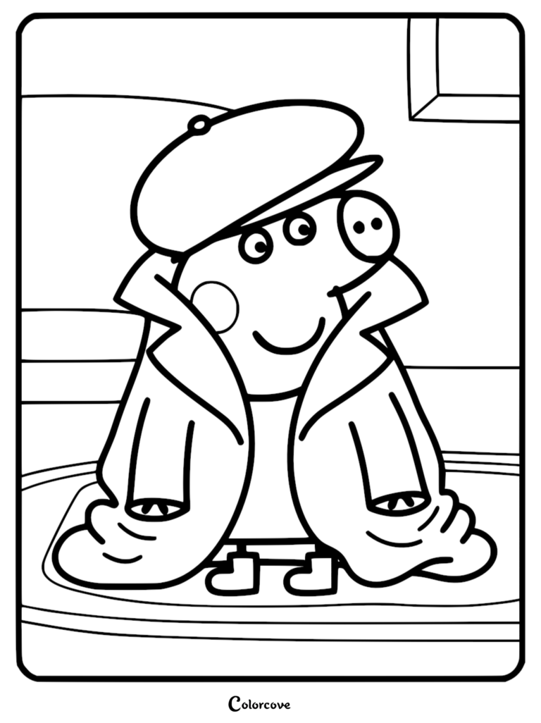 Peppa Pig coloring page featuring Peppa wearing an oversized trench coat and a flat cap while playing dress-up.