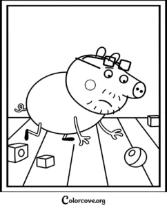 A printable coloring page of Daddy Pig from Peppa Pig wearing glasses and playing on the floor with blocks and a ball.