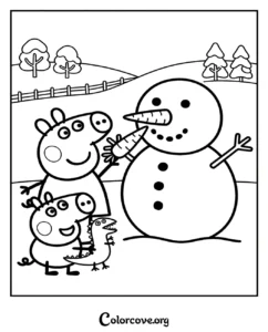 Peppa Pig and George Pig building a snowman with a carrot nose in a snowy winter landscape coloring page for kids