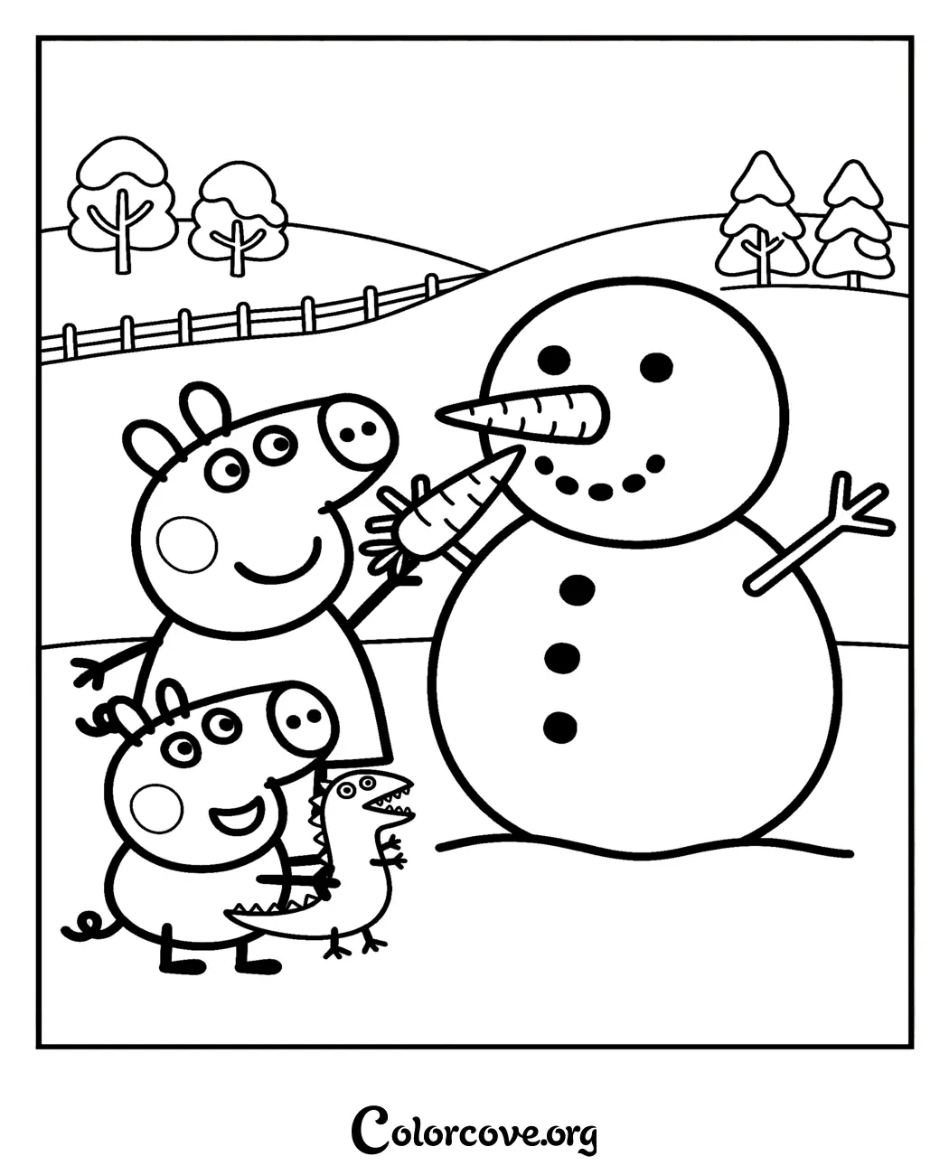 Bring winter fun to life with this printable Peppa Pig coloring page featuring Peppa, George, and their happy snowman. It is a perfect, easy-to-print activity for kids who love Peppa Pig and snowy adventures.