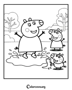 Peppa Pig and family jumping in muddy puddles with a toy dinosaur, printable black and white coloring page for kids