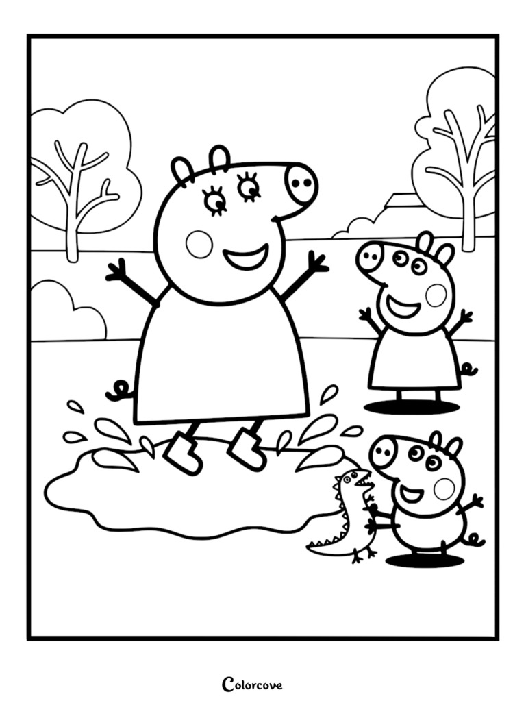 Mummy Pig jumping in a muddy puddle with splashes on a coloring page, while Peppa Pig and George Pig watch with his toy dinosaur.