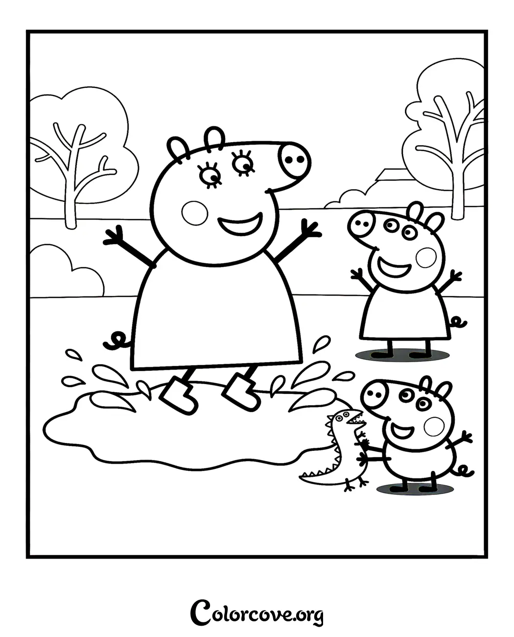 Bring the fun of Peppa Pig to life with this delightful scene of the family splashing in muddy puddles. Download and print this free coloring page in seconds for hours of creative entertainment.