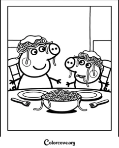 Peppa Pig and George Pig with spaghetti on their heads sitting at a dining table, a fun and printable Peppa Pig coloring page for kids.