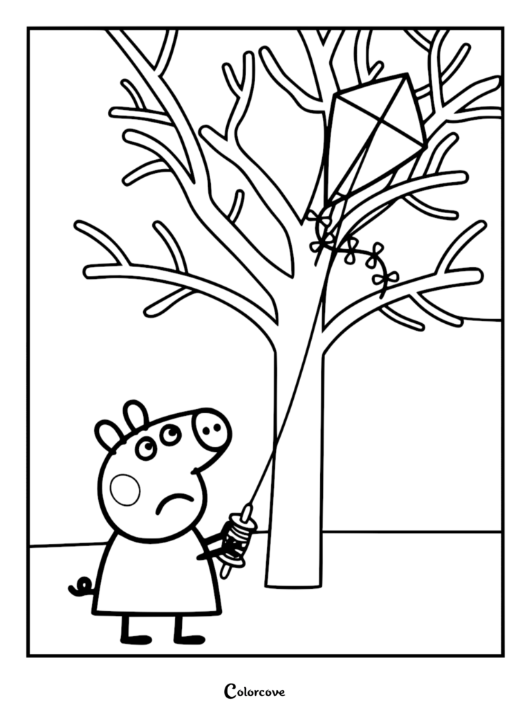 A Peppa Pig coloring page featuring Peppa Pig looking sad while her diamond-shaped kite is tangled in the branches of a large tree.