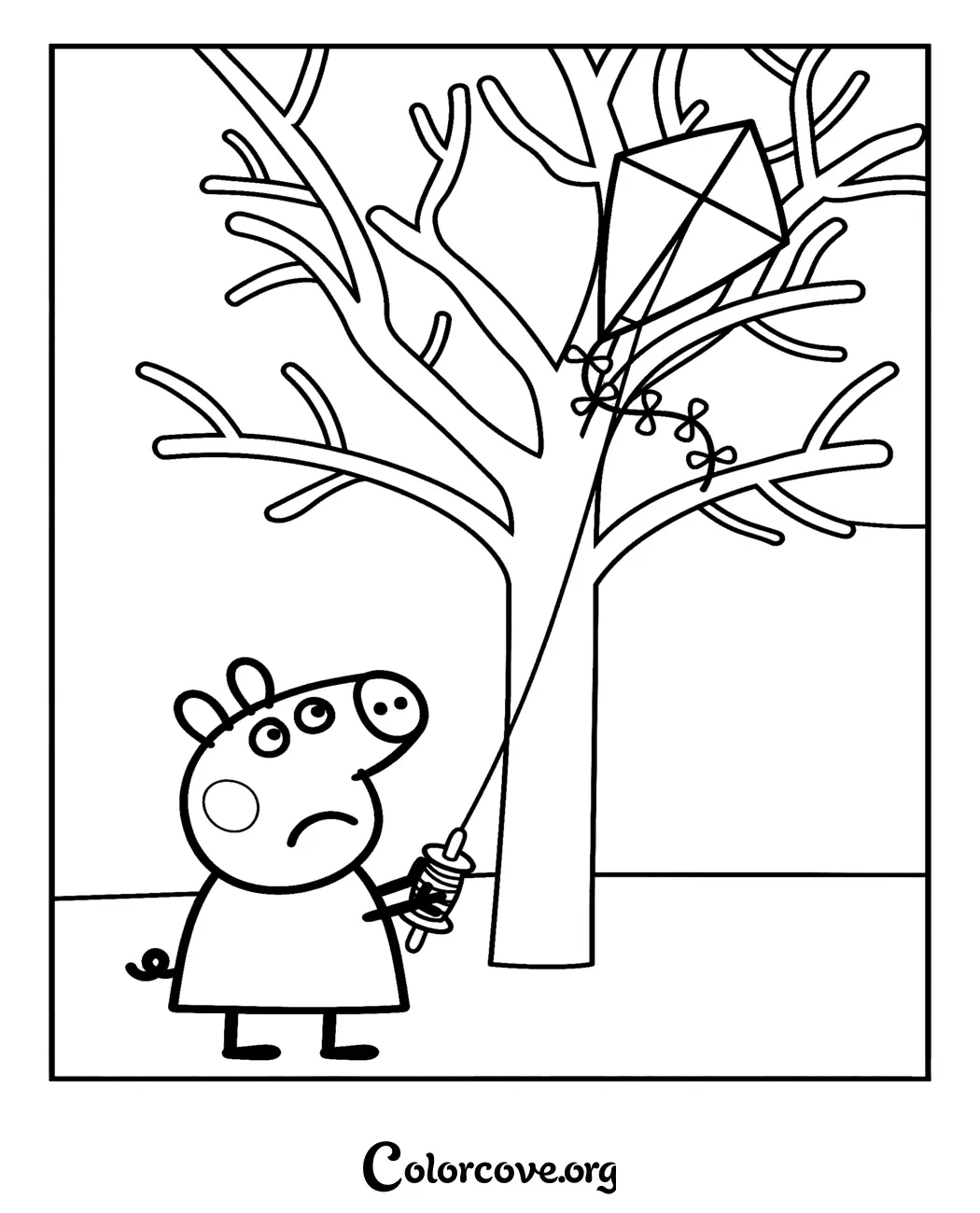 Download and print this fun Peppa Pig coloring page in seconds. It features Peppa Pig having a classic cartoon mishap with her kite stuck in a tree, making it a perfect activity for young fans of the show.