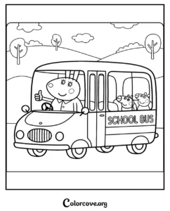 Peppa Pig driving a school bus with friends looking out the window, a free printable coloring page for kids.