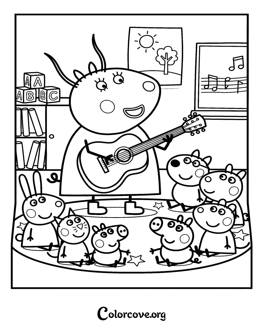 Bring musical fun to your home with this delightful Peppa Pig coloring page featuring Peppa performing for all her friends. Download and print this high-quality coloring sheet for hours of creative entertainment.