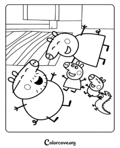 A fun coloring page featuring Peppa Pig, George, Mummy Pig, and Daddy Pig playing together, perfect for kids who love the Peppa Pig cartoon.