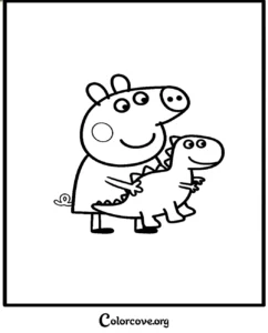 A printable coloring page featuring Peppa Pig holding her favorite green dinosaur toy, perfect for kids who love the show.