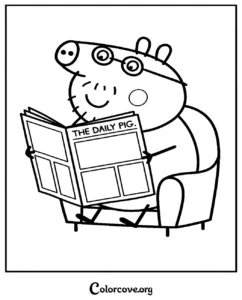 Daddy Pig from Peppa Pig sitting in a comfortable armchair and reading The Daily Pig newspaper coloring page for kids.