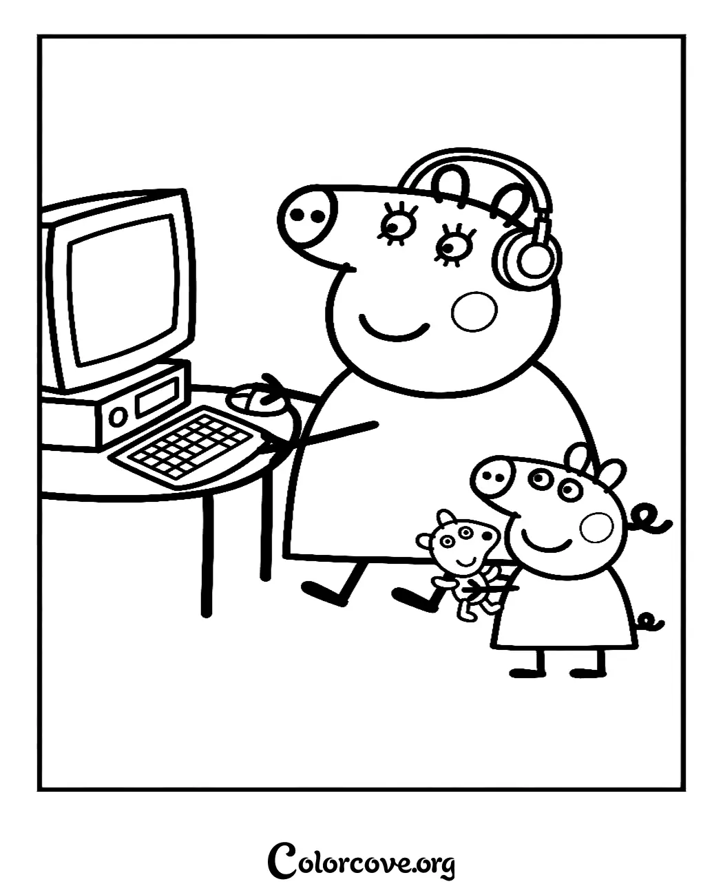 Bring fun to screen time with this cute Peppa Pig coloring page featuring Peppa using a computer and George with his teddy bear. Print this high-quality Peppa Pig scene for free in seconds for an engaging creative activity.