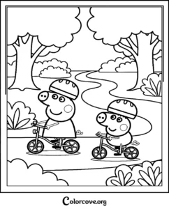 Peppa Pig and George Pig wearing helmets while riding bicycles in the park coloring page for children to print and color