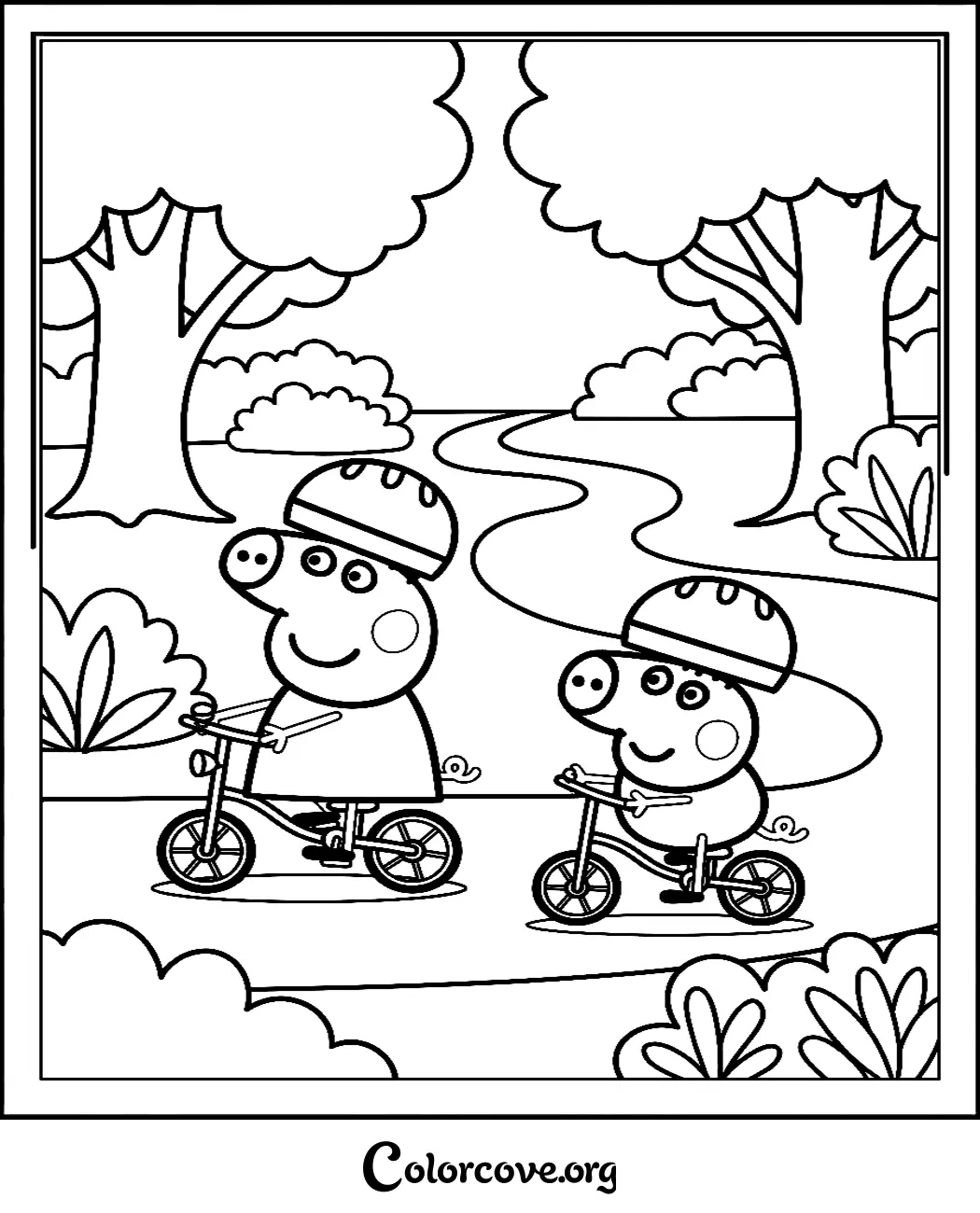 Join Peppa Pig and George on a fun outdoor adventure with this printable coloring page featuring them riding their bikes. Perfect for kids who love the show, this high-quality coloring sheet is ready to print in seconds.