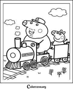 Peppa Pig and Grandpa Pig riding on the Gertrude steam train, a fun and printable Peppa Pig coloring page for kids.