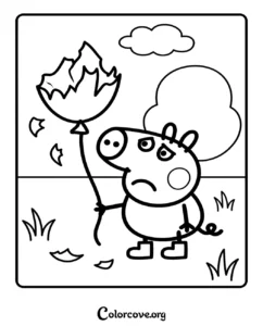 A printable coloring page featuring a sad Peppa Pig holding a broken, deflated balloon outdoors for kids.