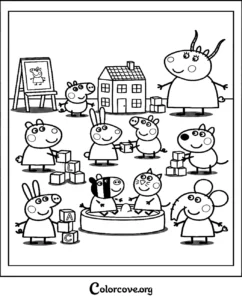 Peppa Pig and her friends playing with blocks and toys at school in a fun, printable coloring page for kids.