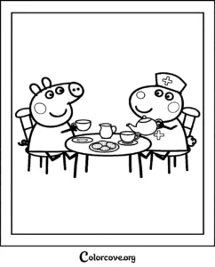 A fun Peppa Pig coloring page featuring Peppa and a nurse having a tea party with cookies at a table for kids to print and color.