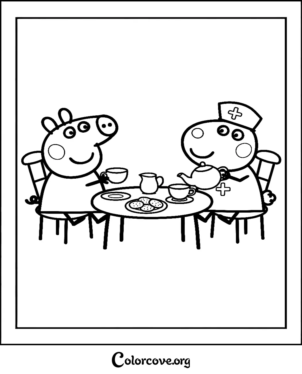 Download and print this adorable Peppa Pig tea party coloring page. It features Peppa sharing cookies and tea with a friendly nurse, perfect for creative kids who love the show.