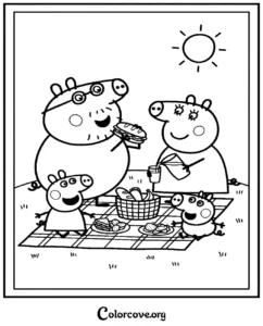 Peppa Pig family enjoying a sunny outdoor picnic with a basket and sandwiches, a fun printable coloring page for kids.