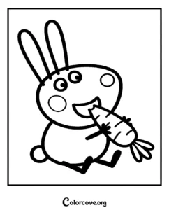 A cute Richard Rabbit coloring page featuring the little bunny from Peppa Pig eating a fresh orange carrot.