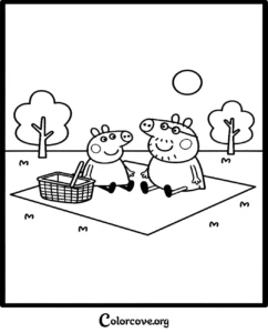A printable coloring page featuring Peppa Pig and Daddy Pig having a fun picnic with a basket on a sunny day.