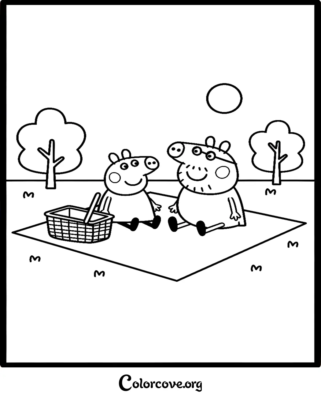 Bring this sweet scene of Peppa Pig and Daddy Pig enjoying a picnic to life with your favorite colors. This free, printable coloring page is perfect for kids who love the Peppa Pig series.