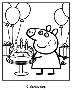 A festive Peppa Pig birthday party coloring page featuring Peppa with a birthday cake, candles, balloons, and gifts for kids to color.