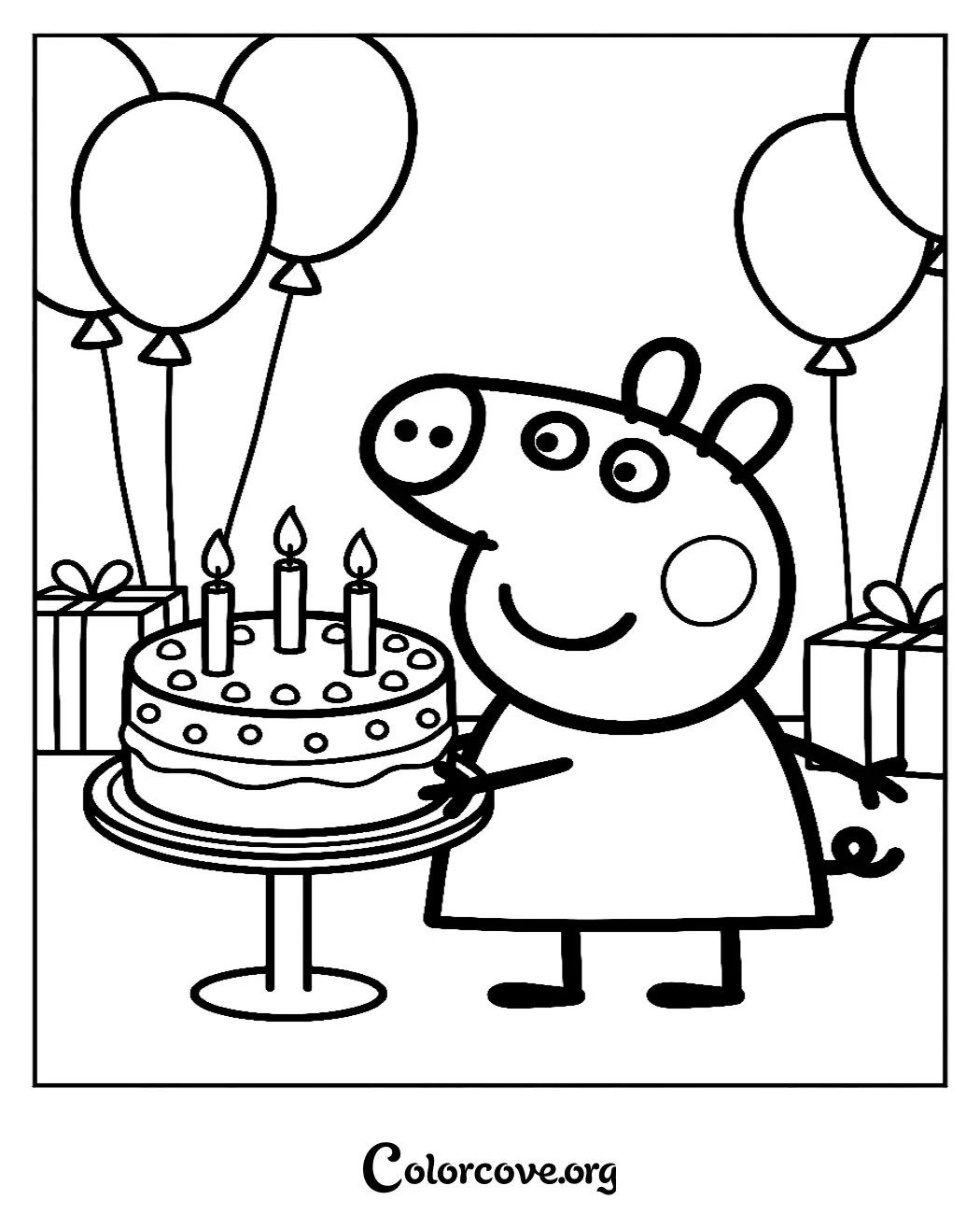 Celebrate with this fun Peppa Pig birthday party coloring page! Download and print this high-quality coloring sheet for your child to enjoy in seconds.