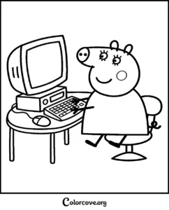 Peppa Pig sitting at a desk and using a computer keyboard, a fun and printable Peppa Pig coloring page for kids.