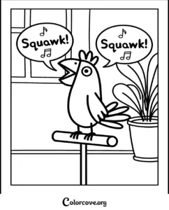 A printable Peppa Pig coloring page featuring Polly the Parrot squawking on a perch near a house plant.
