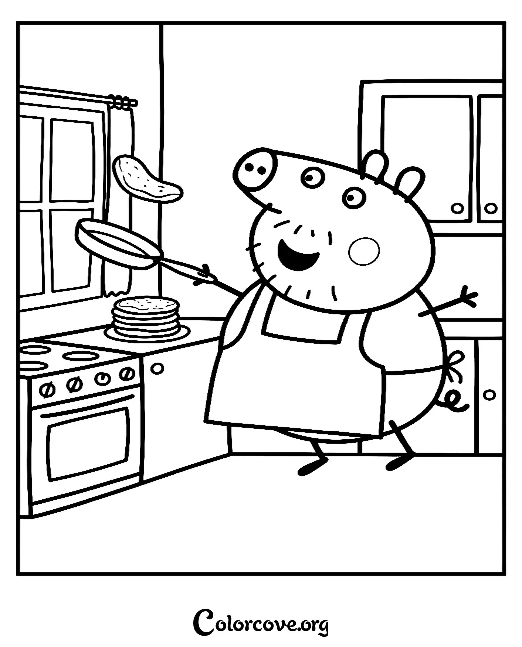 Bring this fun kitchen scene to life with Daddy Pig making pancakes! Download and print this free Peppa Pig coloring page in seconds for an instant creative activity for kids.