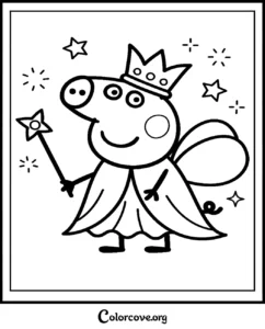 A cute Peppa Pig fairy princess coloring page with a magic wand, crown, and wings for kids to print and color.