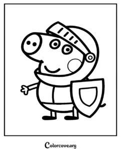 A printable Knight Peppa Pig coloring page for kids featuring Peppa wearing a suit of armor and holding a shield.
