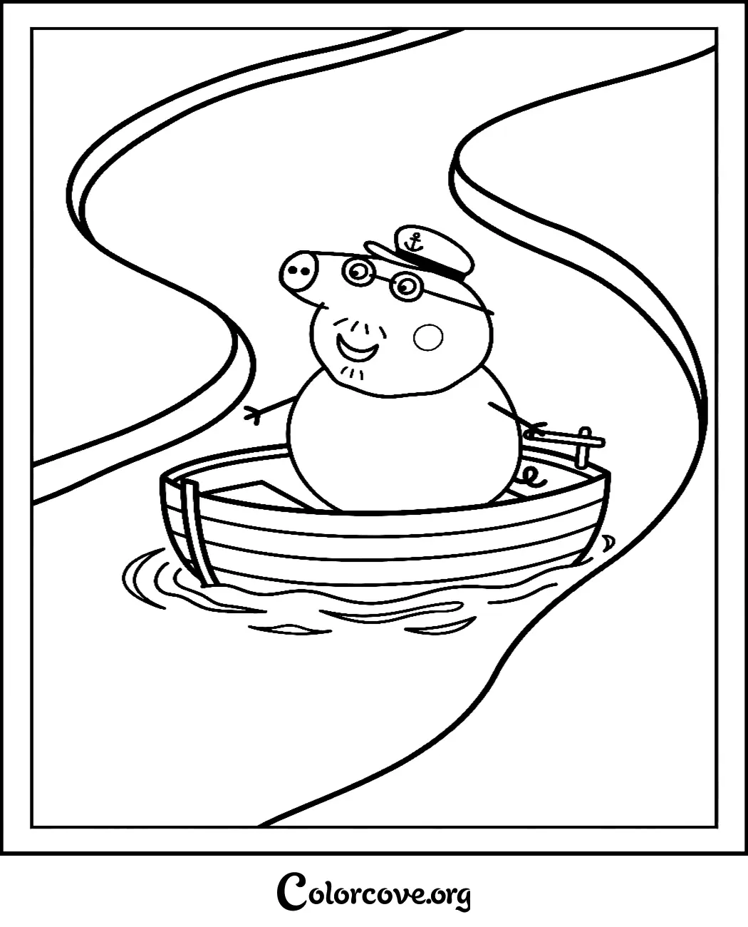 Bring this fun scene to life with our free Daddy Pig in a boat coloring page. It is simple to print at home for hours of creative Peppa Pig coloring fun.
