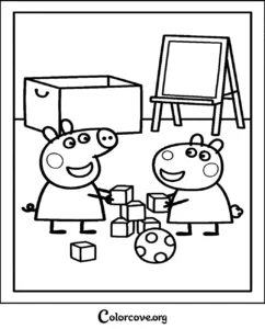 Peppa Pig and George playing with building blocks in a playroom, high-quality coloring page for kids to print and color.