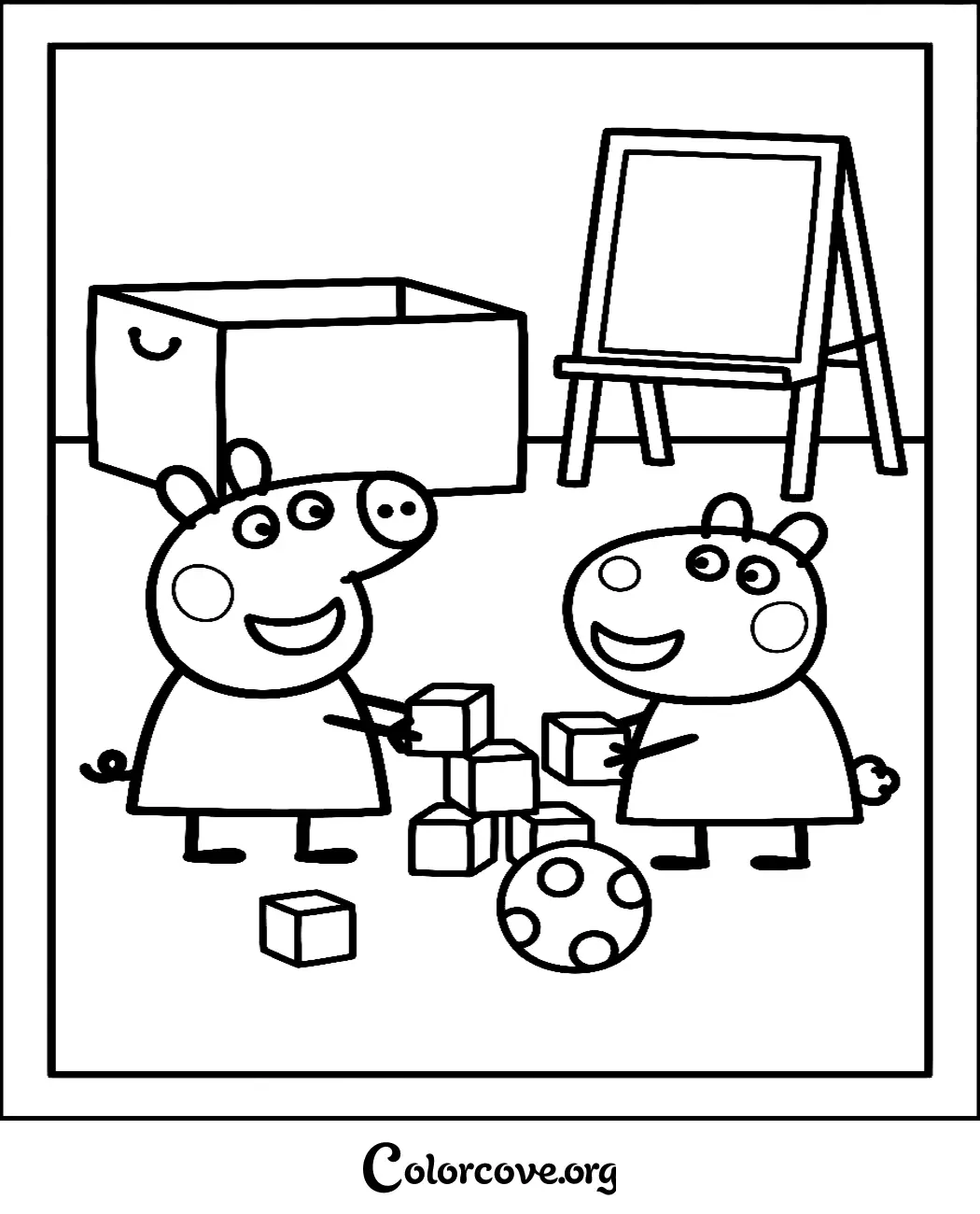 Download and print this fun Peppa Pig coloring page featuring Peppa and George enjoying playtime with blocks and a ball. It is the perfect creative activity for preschoolers and young fans of the show.