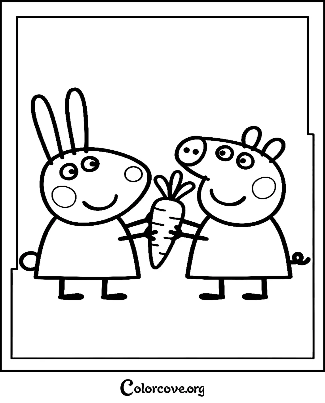 Bring fun to your day with this free printable Peppa Pig and Rebecca Rabbit coloring page. Perfect for little fans to color their favorite characters holding a healthy carrot.