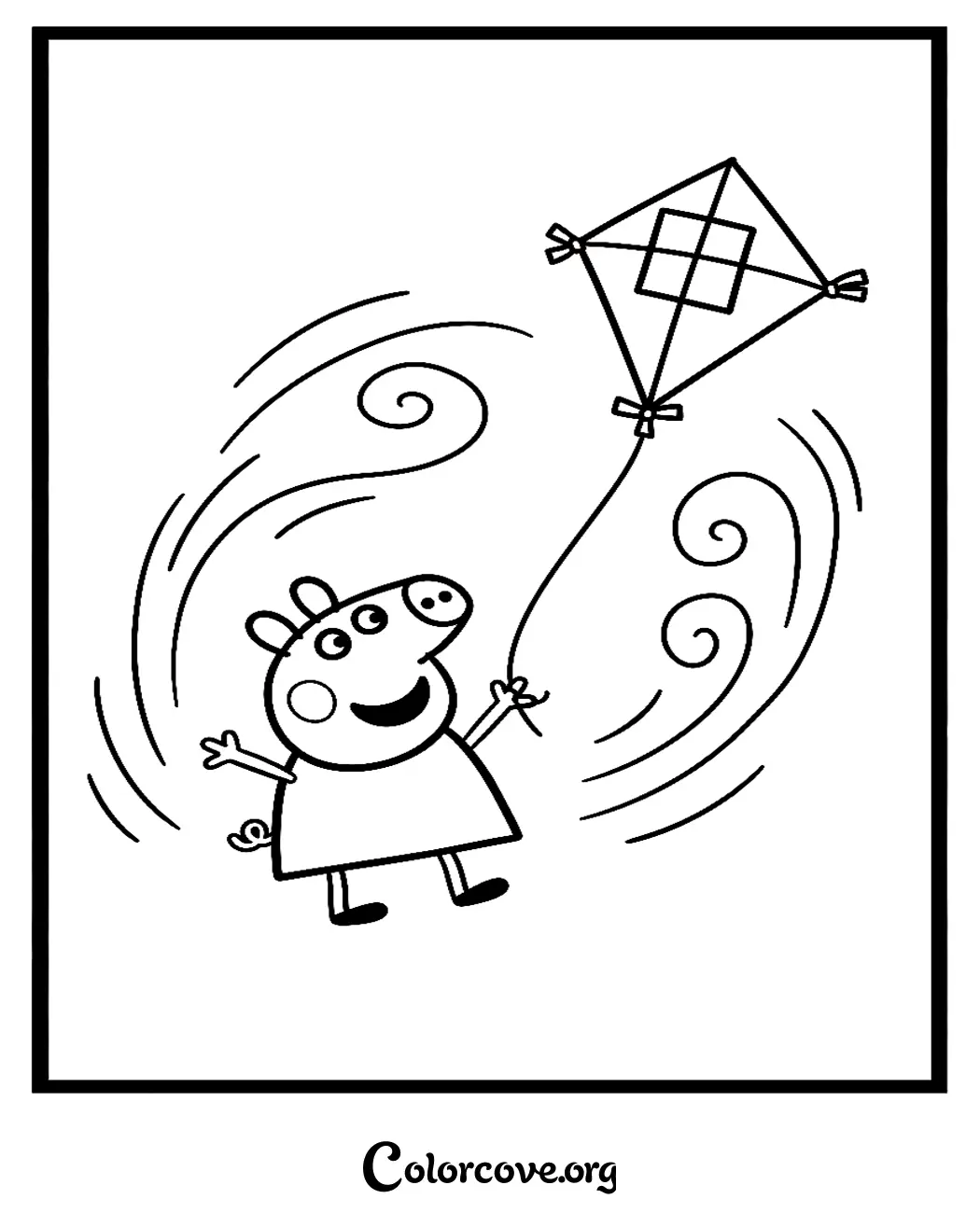 Bring fun to a windy day with this charming Peppa Pig coloring page. Print this delightful illustration for free and let your little artist bring Peppa and her kite to life with vibrant colors.