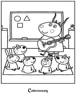 Madame Gazelle playing guitar for her students in a classroom setting, a Peppa Pig coloring page for preschool children.