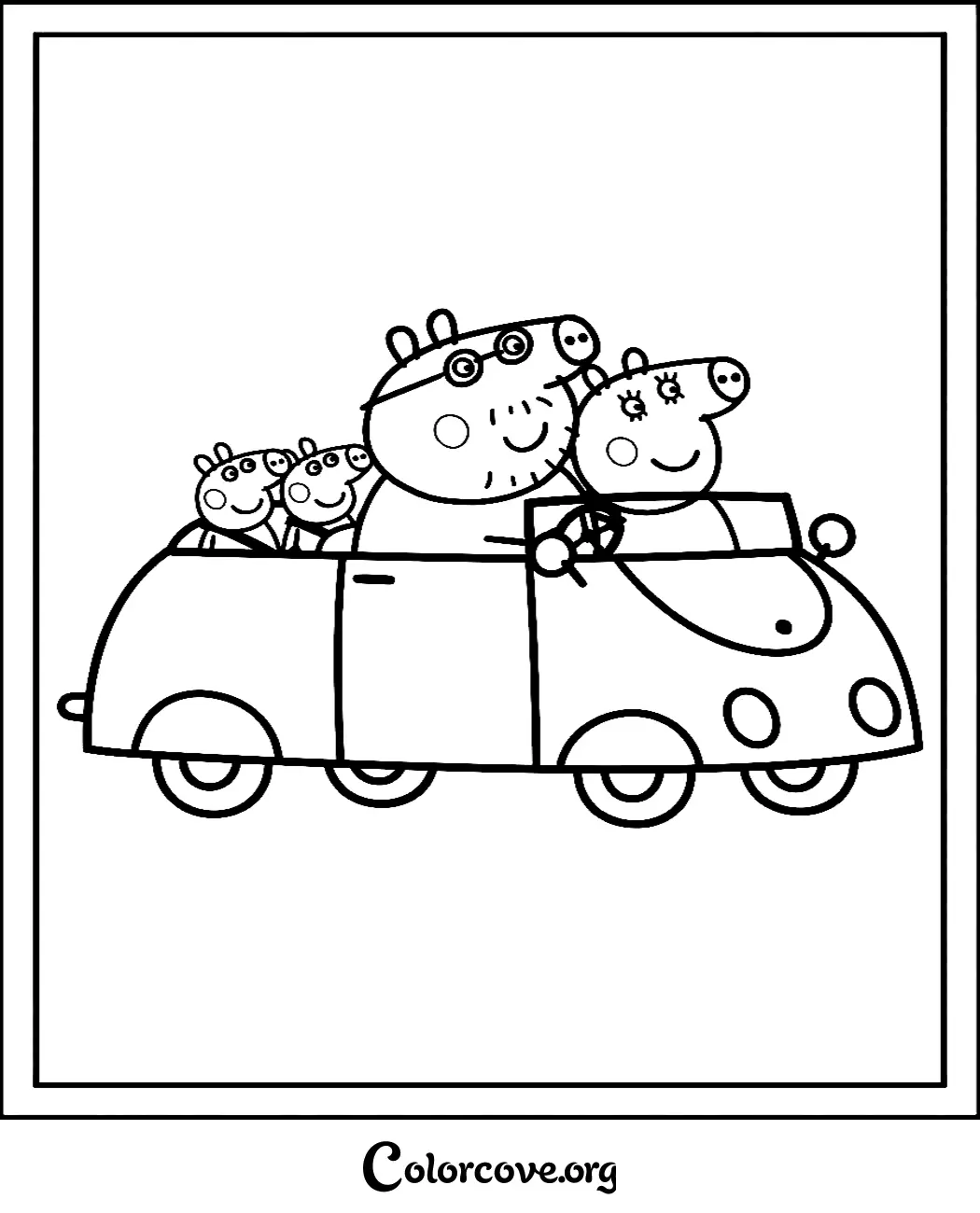 Join the fun with this adorable Peppa Pig family car coloring page. Simply download and print this free activity for your kids to enjoy in seconds.