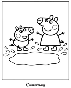 Peppa Pig and George jumping in a muddy puddle coloring page for kids to print and color for free.