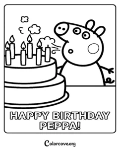 Peppa Pig blowing out candles on a birthday cake coloring page for kids to print and color