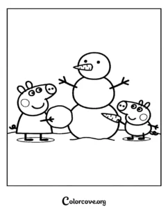 Peppa Pig and George Pig building a snowman together in this fun printable winter coloring page for kids.
