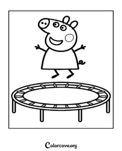 Peppa Pig jumping on a trampoline coloring page for kids to print and color for free.