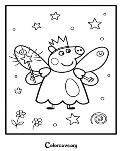 A cute fairy Peppa Pig coloring page featuring Peppa with wings, a crown, and a magic wand surrounded by stars and flowers for kids to print and color.